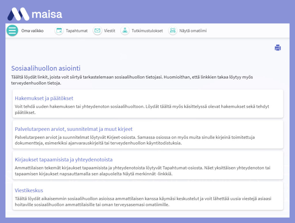 Kuvakaappaus sosiaalihuollon koontisivusta. 